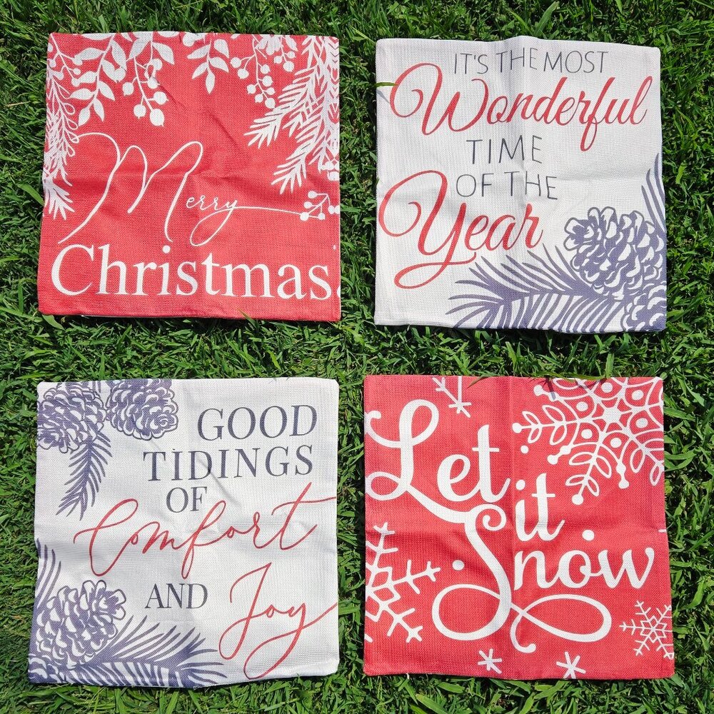 NEW SET OF 4 CHRISTMAS COTTON LINEN BLEND CHRISTMAS SEASONAL PILLOW COVERS 18"